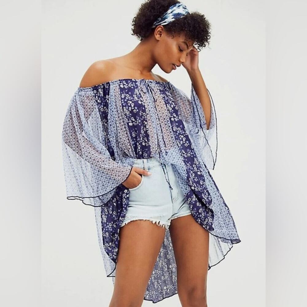 Free People Because I Love You Floral High-Low Top in Blue Floral Print